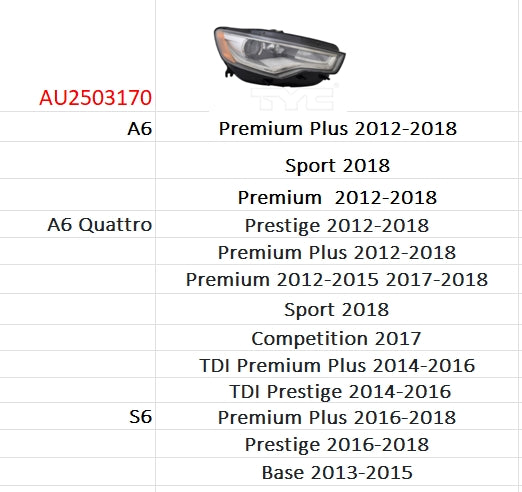 AUDI A6 2012-2018 — HID HEADLIGHT RH; W/O AUTO LEVELING; A6/Quattro/S6 2012-2018 CAPA (CLICK IMAGE FOR FITMENTS)