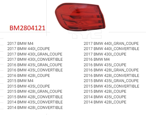 BMW 4 SERIES 2014-2020 — LED OUTER TAIL LIGHT LH; 4 SERIERS/M4 2014-2017 (CLICK IMAGE FOR FITMENTS)