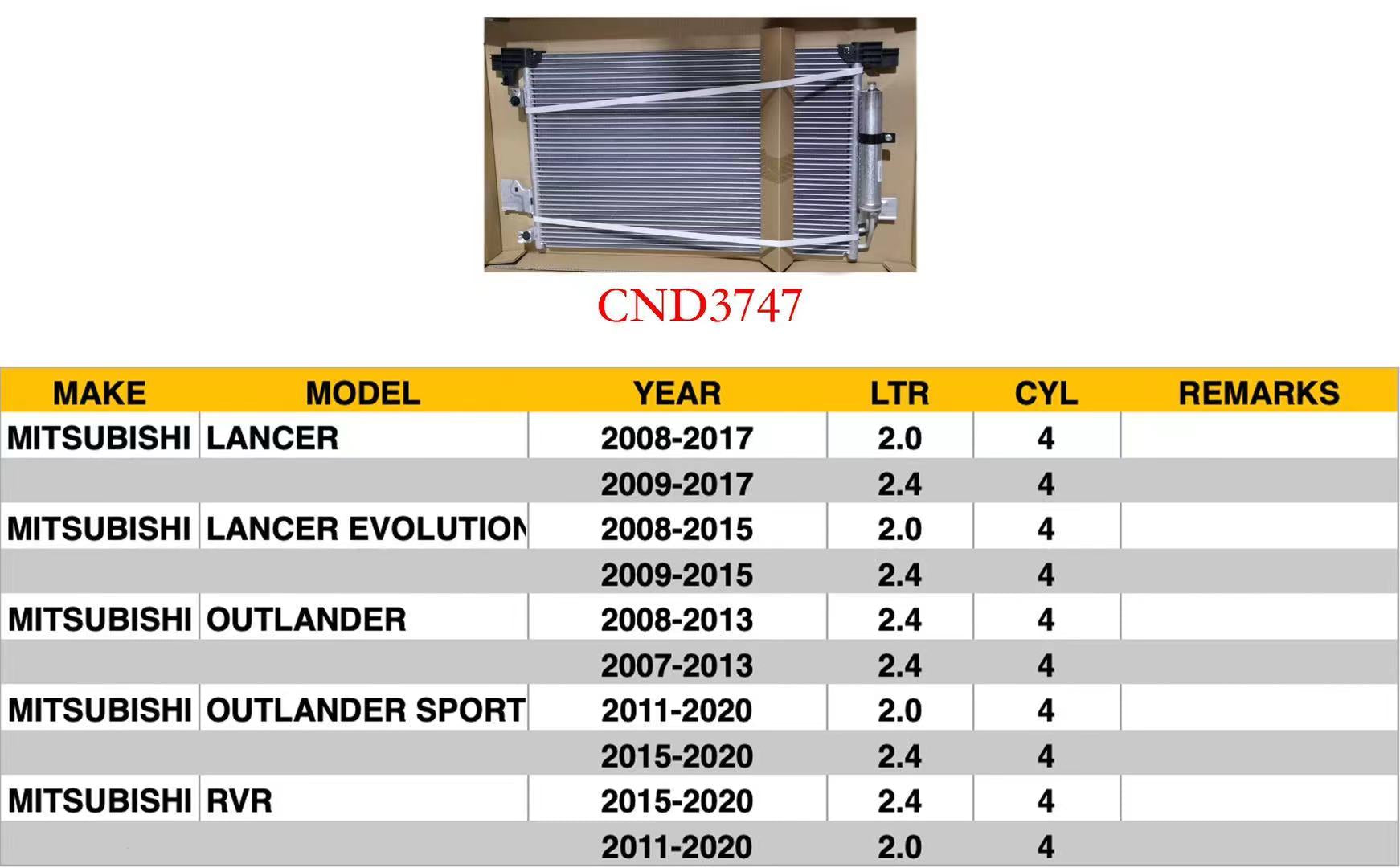 MITSUBISHI LANCER 2008-2017 — CONDENSER; LANCER/LANCER EVOLUTION/OUTLANDER/RVR ; CLICK IMAGE FOR MORE DETAILS