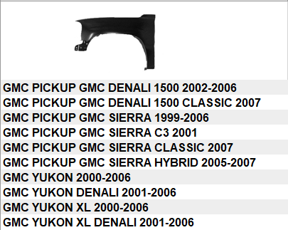 GMC SIERRA PICKUP 1999-2007 — FENDER LH ; SIERRA PICKUP/YUKON(XL) ( EXCEPT MEXICO BUILT ); CHECK IMAGE FOR DETAILS