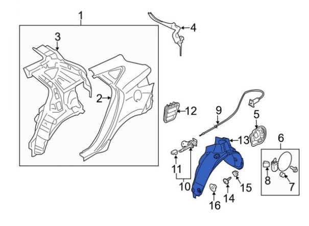 KIA OPTIMA 2016-2020 — REAR FENDER LINER RH; HEAT FORMED; OPTIMA 2016-2020/HYB 2017-2020