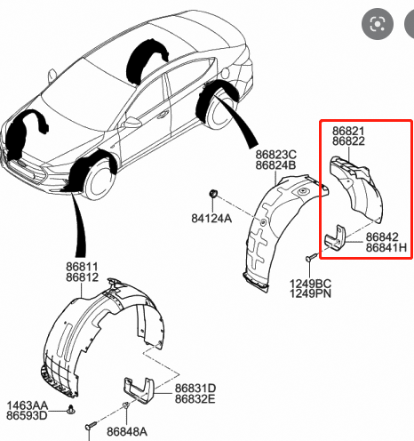 HYUNDAI ELANTRA 2017-2018 — REAR REARWARD FENDER LINER LH; KOREA BUILT; 1.4T/2.0L; SEDAN 2017-2018