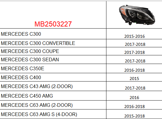 MERCEDES C-CLASS 2012-2021 — LED HEADLIGHT RH; W/O ADAPTIVE & LOGO; C-CLASS 2015-2018 (CHECK IMAGE FITMENTS)