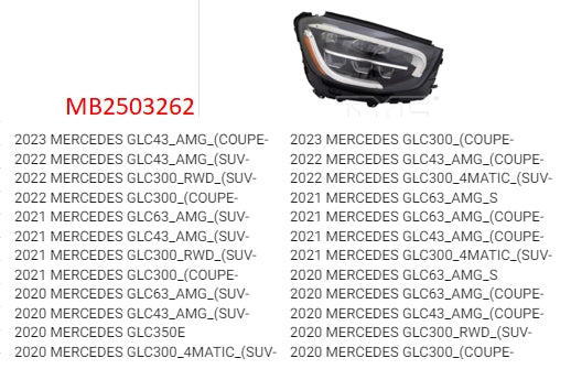 MERCEDES GLC 2016-2025 — LED LIGHT RH; W/O LOGO & ADAPTIVE LAMPS; NO MODULES; 2020-2023 (CLICK IMAGE FOR FITMENTS)
