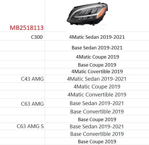 MERCEDES C-CLASS 2012-2021 — LED HEADLIGHT LH; W/O ADAPTIVE & LOGO; C300/AMG SEDAN 2019-2021; COUPE/CONV. 2019 ONLY ( CLICK IMGE )