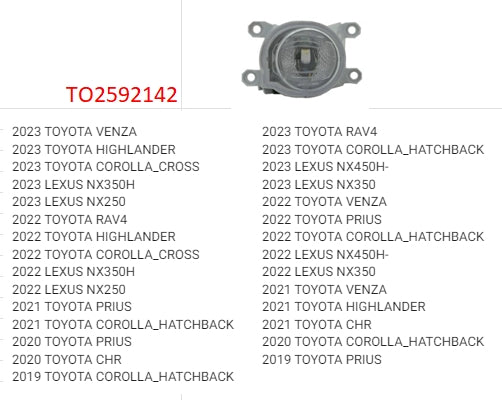 TOYOTA COROLLA CROSS 2022-2025 — FOG LIGHT LH; FITS HIGHLANDER XSE AND JAPAN BUILT CHR AND RAV4; CLCK IMAGE FOR FITMENTS CAPA