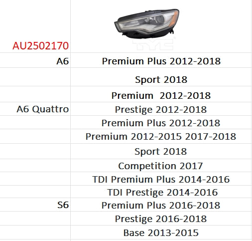 AUDI A6 2012-2018 — HID HEADLIGHT LH; W/O AUTO LEVELING; A6/Quattro/S6 2012-2018 CAPA (CLICK IMAGE FOR FITMENTS)