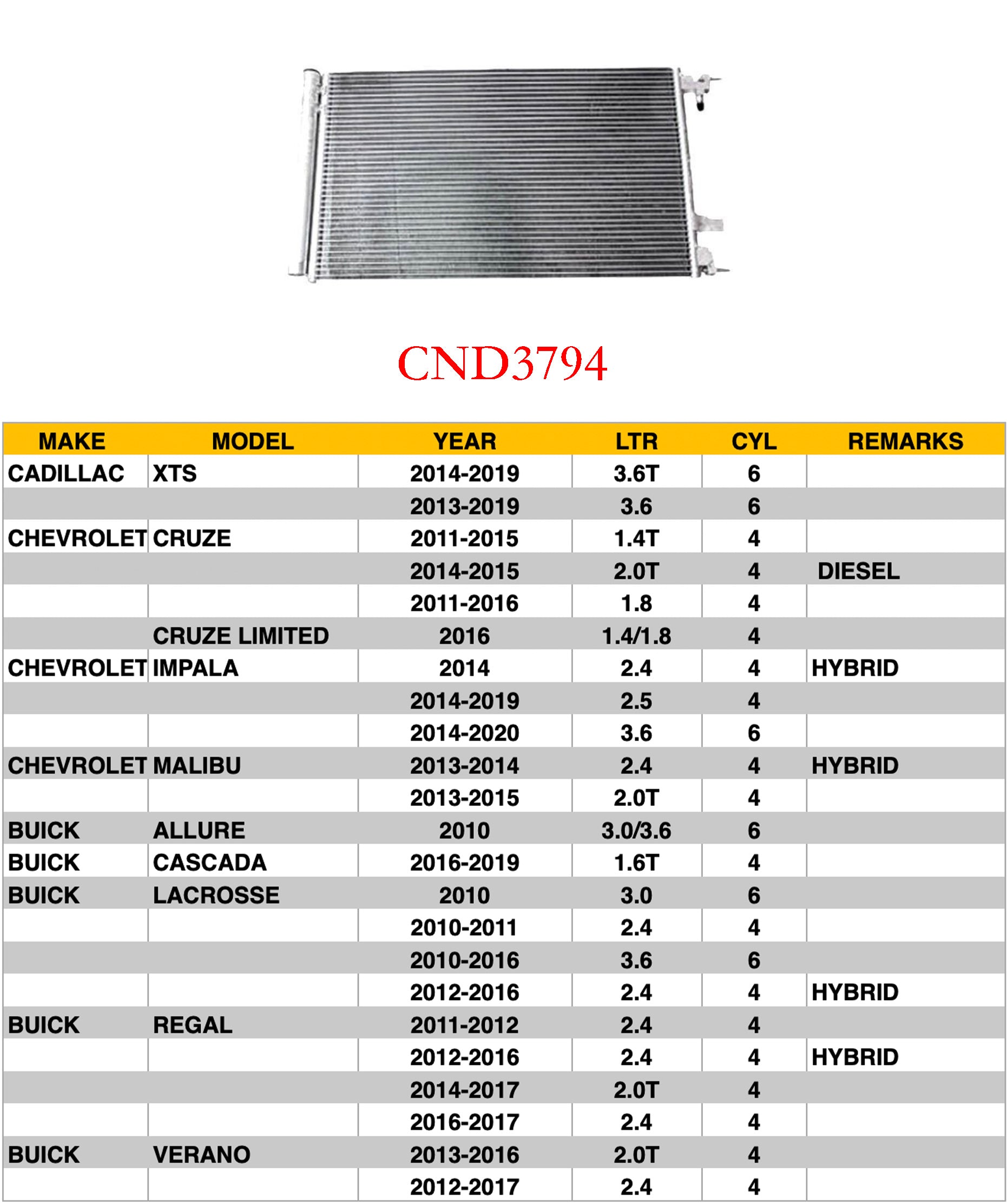 BUICK LACROSSE 2010-2016 — CONDENSER; CRUSZE/IMPALA/MALIBU/LACROSS/REGAL/VERANO/ALLURE/XTS ; CILCK IMAGE FOR MORE DETAILS