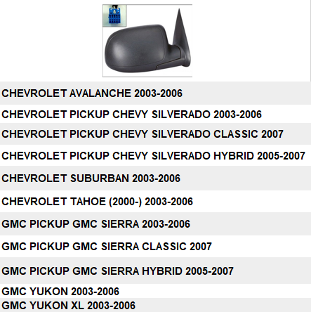 CHEVROLET SILVERADO PICKUP 1999-2006 — MIRROR RH; POWER/MANUAL FOLDING/HEATED/STANDARD STYLE; W/O TURN SIGNAL/MEMORY; CHECK IMAGE