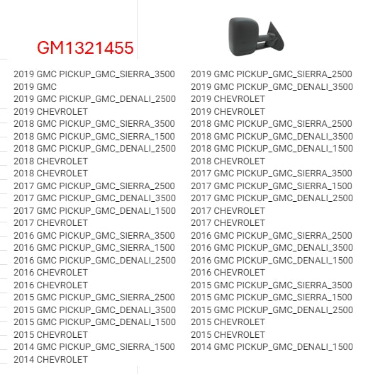 CHEVROLET SILVERADO PICKUP 2014-2018 — MANUAL MIRROR RH; TRAILER TOW TYPE; SILVERADO/SIERRA 15-3500 2014-2019 (CHECK IMAGE FOR FITMENTS)