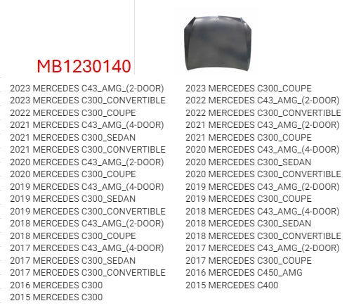 MERCEDES C-CLASS 2012-2021 — HOOD; ALUMINUM; 2015-2023 CAPA (CLICK IMAGE FOR FITMENTS)