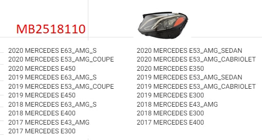 MERCEDES E-CLASS 2017-2020 — LED HEADLIGHT LH; W/O LOGO & ADAPTIVE LAMPS; E-CLASS 2017-2020 ( CLICK IMAGE FOR FITMENTS )