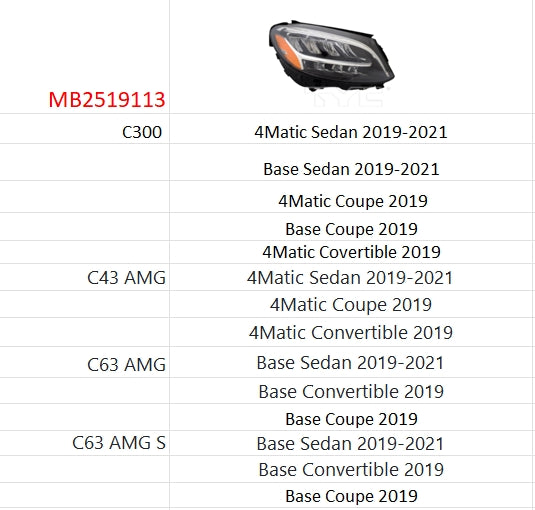 MERCEDES C-CLASS 2012-2021 — LED HEADLIGHT RH; W/O ADAPTIVE & LOGO; C300/AMG SEDAN 2019-2021; COUPE/CONV. 2019 ONLY ( CLICK IMGE )