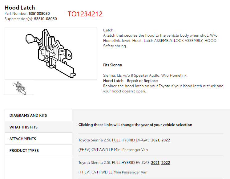 TOYOTA SIENNA 2021-2025 — HOOD LATCH; 2021-2025