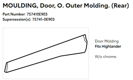TOYOTA HIGHLANDER/HYB 2020-2025 — EXTERIOR REAR LOWER DOOR MOLDING RH; OUTER; PTM; W/O XSE; HIGHLANDER/HYB 2020-2025