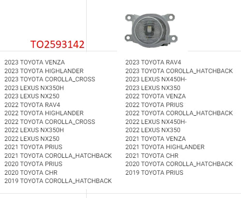 TOYOTA COROLLA CROSS 2022-2025 — FOG LIGHT RH; FITS HIGHLANDER XSE AND JAPAN BUILT CHR AND RAV4; CLCK IMAGE FOR FITMENTS CAPA